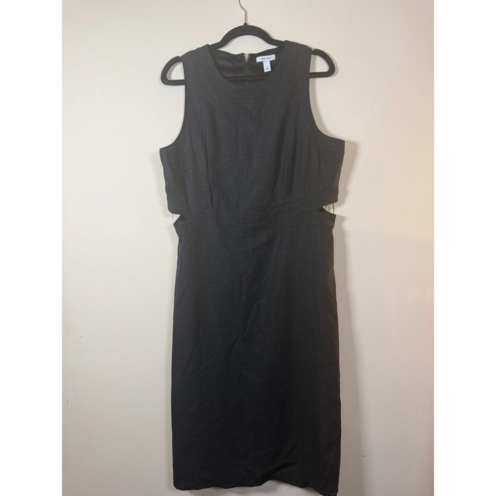 Nine West XL Black Linen Blend Cutout Waist Sleeveless Midi Dress Pockets NWT